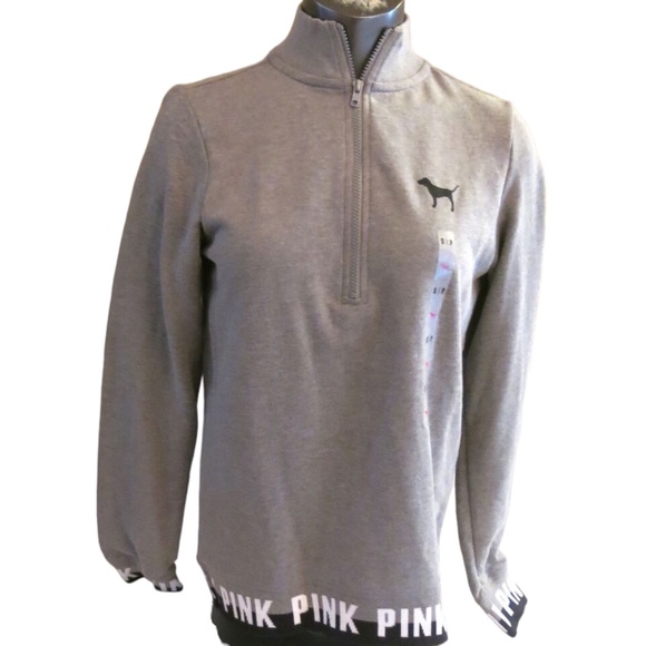 Victoria's Secret PINK Dark Grey w/ Knit Logo Trim Varsity Half Zip S - Picture 1 of 2